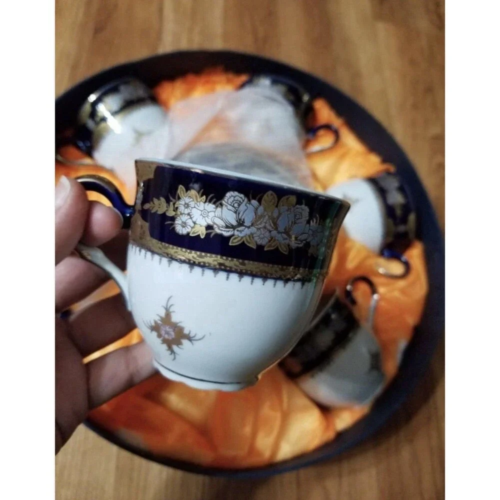 12 PCs  Vintage Czech Republic MZ Cobalt Blue 24 K Gold Plated Porcelain Tea Set